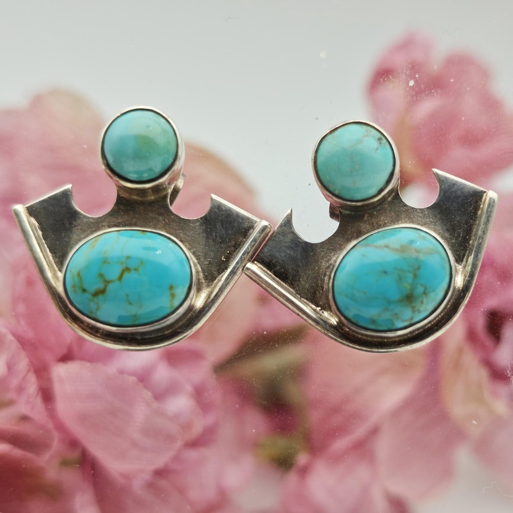 Turquoise & Sterling Silver Handmade Curvy Art Deco Style Post Earrings